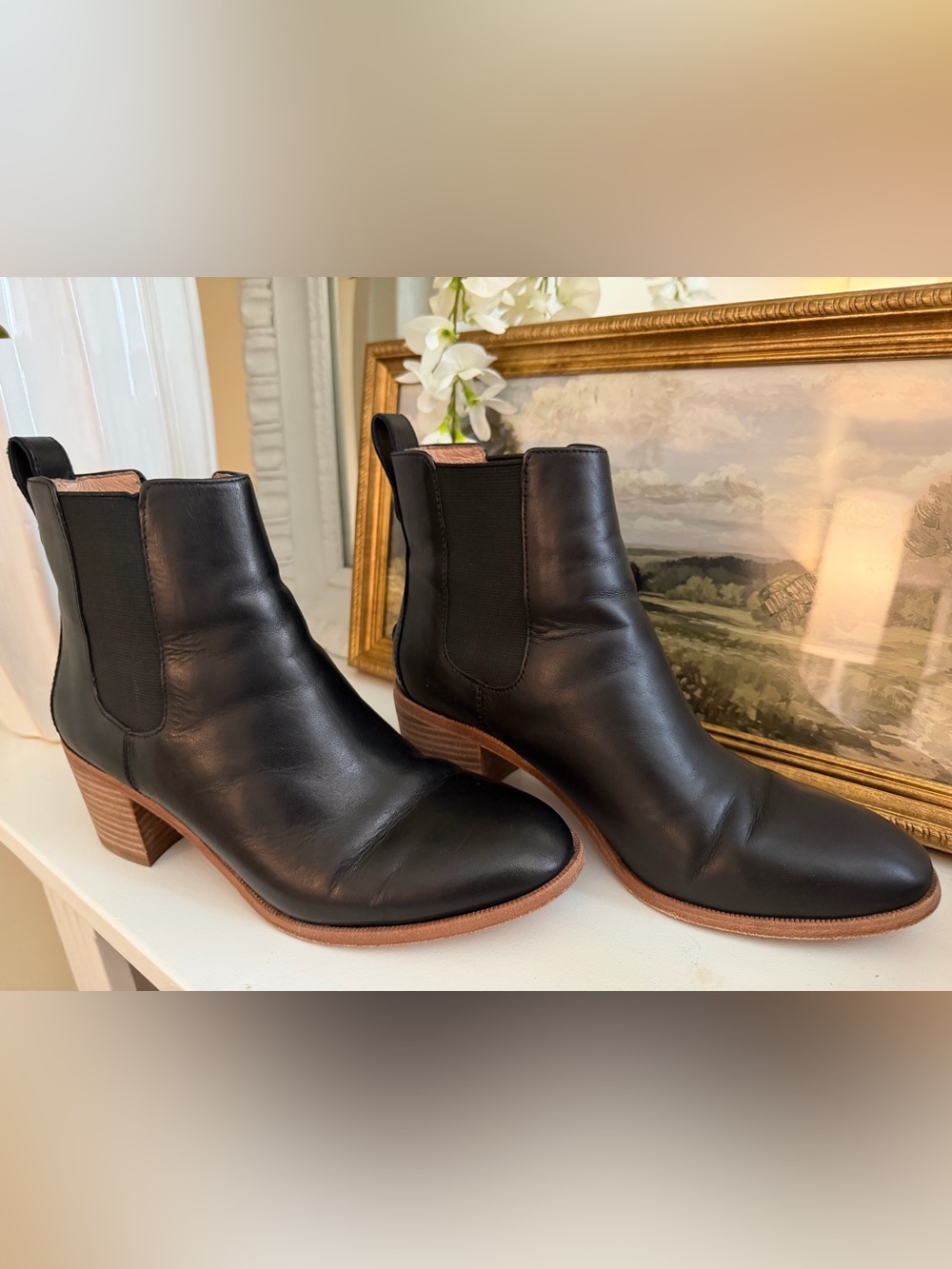 Madewell Black Leather Chelsea Boots with Stacked Heel
